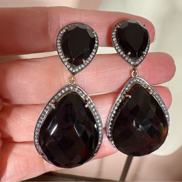 Estate Jewelry - Sterling silver pear shape Black glass topaz halo oversized dangle earrings